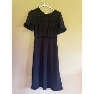 Monteau Los Angeles Black Lace Trim Midi Dress Button Front Flutter Sleeve XS